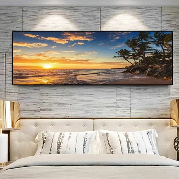 Solnedgange Naturlige Havet Stranden i Coconut Palm Panorama-Landskab Lærred Maleri Plakater og Prints Væg Kunst Billede til stuen
