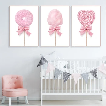 Nordisk Plakater og Prints Pink candyfloss Lollypop Donut Lærred Maleri på Væggen Billeder til Pige Værelse Dessert Butik Dekoration