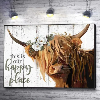 Highland Ko med Blomst Plakat Væg Kunst, Det Er Vores Happy Place Inspirerende Lærred Maleri HD Print Stue Home Decor