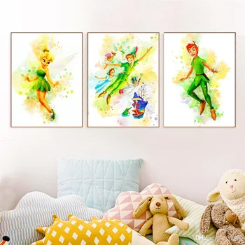 Peter Pan Plakat Disney Print Akvarel Art Disney Peter Pan Tinkerbell Udskriver Børnehave Wall Decor Lærred Maleri til Hjemmet