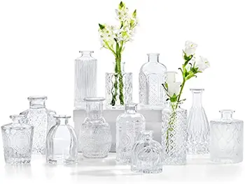 CUCUMI Glas Bud Vaser Sæt af 12, Små Vaser til Centerpieces, Vase til Blomster i Bulk til bondebryllup Hjem Tabel
