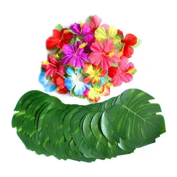 60 Stk Tropiske Fest Dekoration af Forbrugsstoffer 8 tommer Tropical Palm Monstera Blade og Hibiscus Blomster, Simulering Blad for Hawai