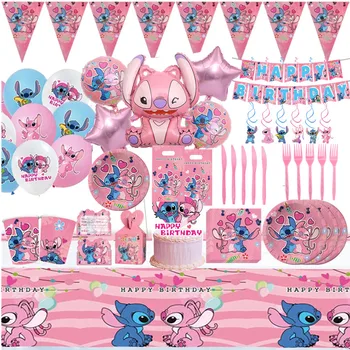 Pink Lilo & Stitch Tema Part Forsyninger Set Happy Birthday Banner Kage Topper 3D Balloner Baby Shower Børn Piger Party Favors