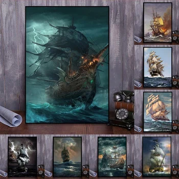 Pirat Skib Lærred Maleri Vintage Sejle Skibe over Havet Storm Landskab Båd Plakater Udskrive Væg Kunst, Billeder, for Home Decor