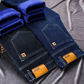 Plus Størrelse 44 46 Tykkere Vinter Mænds Fleece Jeans Klassiske Business-Lige Strækning Casual Mandlige Tøj Denim Bukser