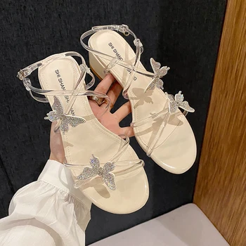 Sommeren Kvinder Sandaler Butterfly Crystal Udsmykning Chunky Hæl Peep Toe Tilbage Band Elegante Mode Sexet Fest Sko Sandaler Damer