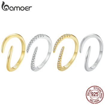 Bamoer 925 Sterling Sølv Simple Geometriske Linje Justerbar Ring Slange Hale Åbning Ring i Platin-Belagt Fine Smykker til Kvinder