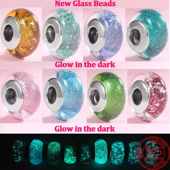 Autentisk S925 Sølv Glød-in-the-dark Farverige Murano Glas Charm Perler Passer til Pandora Armbånd & Halskæde Kvinder Smykker Tilbehør