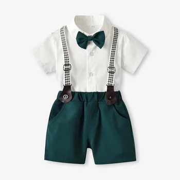 Bomuld Drenge Udstyr 1 2 3 5 6 År Børn Tøj kortærmet Skjorte + Grøn Shorts med Sløjfe Bælte 4 STK Kids Barn Kostume