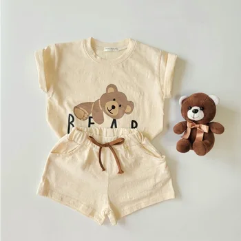 2023 Sommer Nyt lille Barn Baby Tøj Sæt Boy Cartoon Bære Mønster Fashion T-shirt + Barn Casual Bomuld Korte Bukser 2stk Passer til