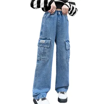 Mode Cargo Jeans til Piger Forår 2023 Blå Lomme Design Teenage Børn, Cargo Bukser Casual Lige skolebørn Bukser