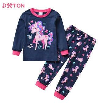 DXTON Piger Pyjamas Sæt med Lange Ærmer Tegnefilm Unicorn Print-Toppe og Bukser Børn Nattøj Outfits Børn Bomuld Casual Homewear
