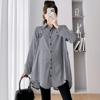 Koreansk Stil Barsel Bukser Passer Preppy Stil Efteråret Graviditet Kvinders Tøj Sæt Vintage Plaid Shirts+Mave Bukser Twinset