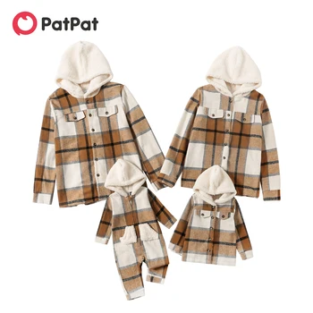 PatPat Familie Matchende Khaki Plaid Fortykket Fleece Lang-ærmet Hætteklædte Jakker Outwear