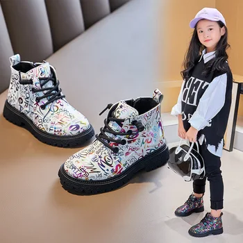 Piger Støvler Kids Fashion med Word Udskriver Chelsea Støvler til Drenge Børn Unisex Nye PU Prinsesse Læder Ankel Støvler til Piger