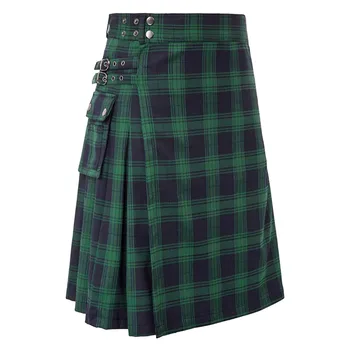 Mænd Plisseret Nederdel Grønne Mode Skotske Stil Læder Bælte Farve Plisseret Nederdel Fashion Afslappet Mandlige Nederdel Saint Patrick