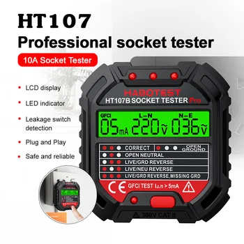 HABOTEST HT107 Digital Stik Tester Pro Spænding 30mA RCD Test Smart Detektor EU ' OS Stik Ground Zero Linie Polaritet Fase Ind