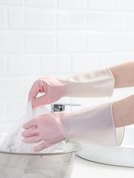 1 par af genanvendelige rengøring latex handsker - opvaskehandsker og præget palms - vandtæt husstand handsker til tøjvask