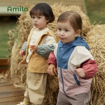 Amila Baby Jakke 2023 Foråret Nye Mode Patchwork Casual Hætteklædte Outwear Spædbarn Buksetrold Piger Drenge Piger Mærket Børn Tøj