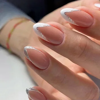 Tryk på negle 24pcs/max falske negle fransk manicure ovalt hoved hvid og sølv fælg design kunstige negle med gelé for piger