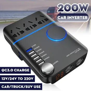 Bil Inverter 200W 12V/24V Til 220V Cigarettænder Strømforsyning Inverter Adapter med QC 3.0 5 USB-Oplader til Hurtig Opladning