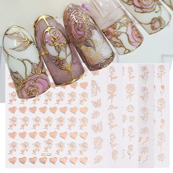6stk Luksus Bronzing Rose Gold Søm Mærkat Sat Blandet Design Blomst Rose Butterfly Nail Decals Skydere, Manicure, Udsmykning Folier SASO
