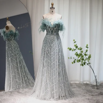 Sharon Sagde Luksus Fjer Grønne Dubai Aften Kjoler 2023 Elegant Off Skulder Lang Formel Kjole til Kvinder bryllupsfest S303