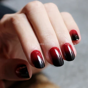 Oval falske negle, Rød og sort gradient Gothic Medium H form Vampyr farve