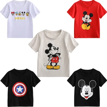 Disney Mickey, Minnie Mouse Drenge Tegnefilm Trykt Rund Hals Bomulds T-shirt til Sommeren 2023 Korte Ærmer T-shirt i 2-7Years Børn