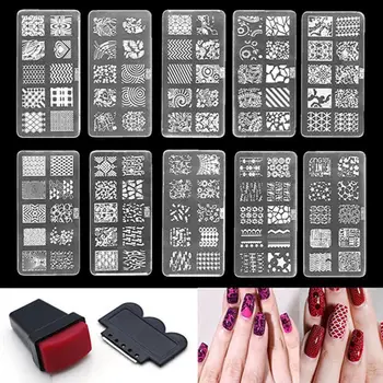 Kvinder 10 Design Sæt Let at Farve Skabelon Nail Art Polish Manicure Stamping Plade Skraber DIY Nail Art
