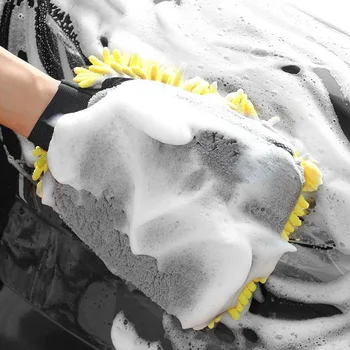 4-Farve Vandtæt bilvask Microfiber Chenille Handsker Tyk Bil Rengøring Mitt Voks Beskriver Børste Auto Pleje Dobbelt-faced Handske