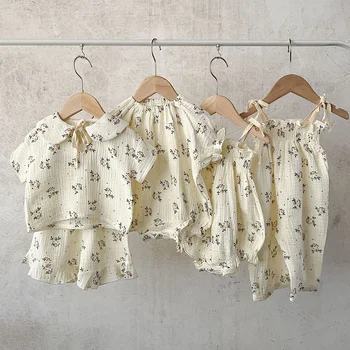Baby Piger Tøj I Økologisk Bomuld Floral Kortærmet Skjorte Top + Brød Bukser Sommeren Nyfødte Pige Rompers Tøj