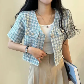 Sommeren Kortærmet Kvinder Plaid Tweed Frakke Alle Match Kausale Cardigan Tweed Jakke Koreanske Smarte Afgrøde Elegante Outwear