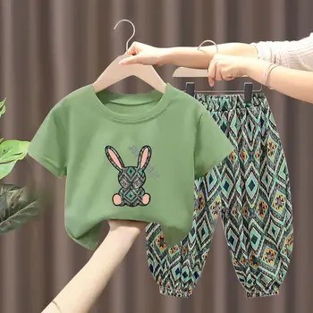 Børns Bomuld Tøj sæt Baby Dreng Pige 2STK Passer Sommeren Tegnefilm Kanin mønster t-shirts Top Og Haren bukser Børn Loungewear
