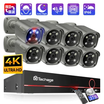 Techage 8CH 4K UHD 8MP Kamera System H. 265 PoE NVR Kit Udendørs Videoovervågning AI Menneskelige Opdage To-vejs Samtale CCTV Sæt