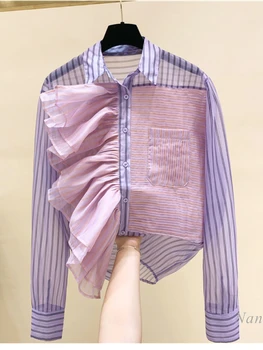 2023 Forår Sommer Kvinders koreansk-Stil Løs Stribet Skjorte Ny Flæse Bluse Mode Piger, Damer Toppe Blusas Mujer De Moda