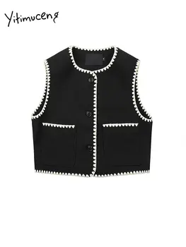 Yitimuceng Broderi Vest for Kvinder 2023 Nye Mode, Vintage O Hals Enkelt Breasted Vest Kvinder Smart Casual Veste Crop Tops