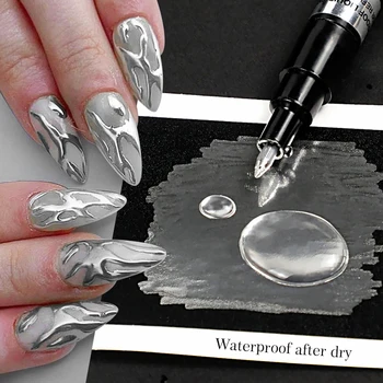 Bright Silver Chrome Søm Tegning Polske Pen Metallisk Maling Lak Graffiti Bølge Pen Stribe Linjer Børste Til Manicure