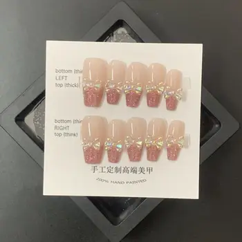 Håndlavet koreanske Pink Tryk på Negle Aurora Rhinestone Design Genanvendelige Selvklæbende Falske Negle Y2k Bue Medium-længde Stjerne Negle