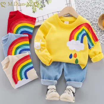 2STK Drenge Tøj Baby Drenge Tøj til Børn, Tøj Buksetrold Barn Broderet Rainbow Print Casual Sports Børn Kid Passer