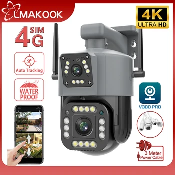LMAKOOK 4K 8MP Dobbelt Linse 4G SIM-Kamera Udendørs WiFi PTZ-Dual Screen Auto Tracking Sikkerhed CCTV Videoovervågning Kamera, V380