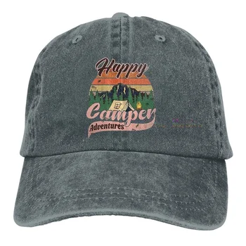 Happy Camper Hat,Justerbar Baseball Caps,Klassisk Sports Ball Hat Gave til Kvinder, Mænd,Nødstedte Denim Far Hat til Camping