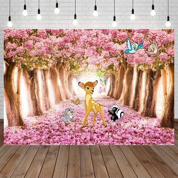 Bambi Baggrund for 1st Birthday Party Pink Blomster Bambi og Butterfly Baby Brusebad Baggrund for Pige Vinyl Foråret Skov Bambi