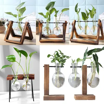 Rammen Glas Vase Bordplade Terrarium Hydroponics Plante Vaser Bonsai Gennemsigtig Flower Pot med Træ-Bakke Home Decor