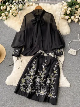 Luksus Broderi Sequined Chiffon Skjorte og Nederdel To delt Sæt Kvinder Foråret Bow Lace-Up Blouse Top + A-line Nederdel Suit Female