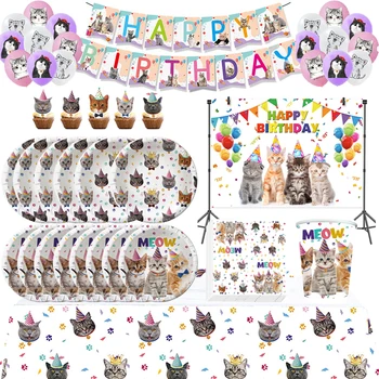 Søde Kat Fødselsdag Part Forsyninger Kawaii Meow Pet Dekorationer til Drenge, Piger, Herunder Katte Ansigt Banner Killing Papir Plader