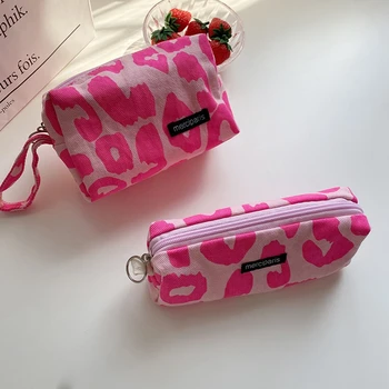 Kvinders Japansk Stil Plaid Cosmetic Bag Canvas Håndtasker Pung Organisator Blyant Tasker Læbestift Bag Makeup Taske Kvinder Leopard Taske