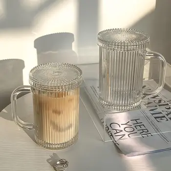 Gennemsigtig kaffekrus Enkel Stribe Glas Kop med Låg Halm Kop Te, Juice, Drikke Vin, Øl, Mælk, Morgenmad Skudt Briller Sæt