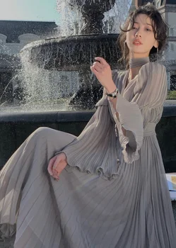 Sommeren Afslappet V Hals Hvide Prom Kjole Mode fransk Stil langærmet Kjole til Kvinder 2023 Elegante Smarte Midi-Vintage Kjole