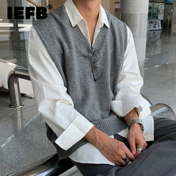 IEFB Herretøj koreansk Stil, Mode Strikket Vest Mænd er Efterår 2023 Ny Personlig V-Hals Løs Ærmeløs Sweater Veste Tidevandet